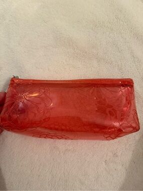 Clear Floral-Embossed Coral Red Cosmetic Pouch